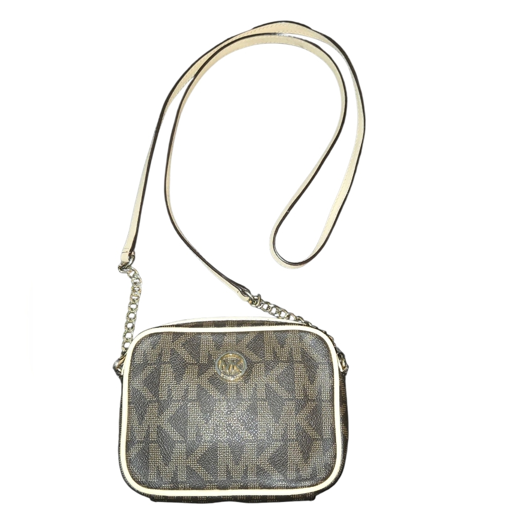 Michael Kors Brown Signature Coated Canvas & Leather Mini Crossbody 6"X4.5"X1.5"